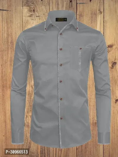 Stylish Grey Cotton Solid Long Sleeves Casual Shirt For Men