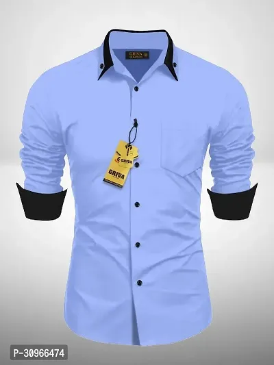 Stylish Blue Cotton Blend Solid Long Sleeves Casual Shirt For Men-thumb0