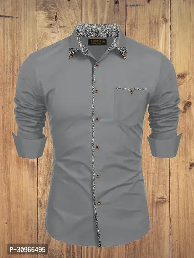 Stylish Grey Cotton Solid Long Sleeves Casual Shirt For Men-thumb3