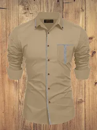 Stylish Cream Cotton Solid Long Sleeves Casual Shirt For Men-thumb3