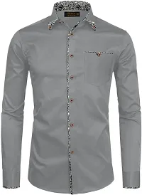 Stylish Grey Cotton Blend Solid Long Sleeves Casual Shirt For Men-thumb1