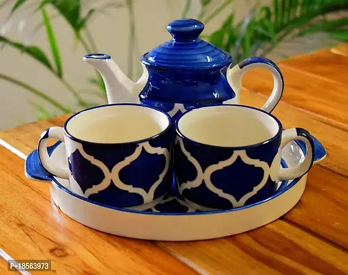 Homefrills Hand Painted Ceramic Tea Kettle Set with 2 Cups(150ml), 1 Kettle(400ml) 1 Tray /ceramic Good Morning Set- Set of 4  colour-Blue,Microwave Safe-thumb0