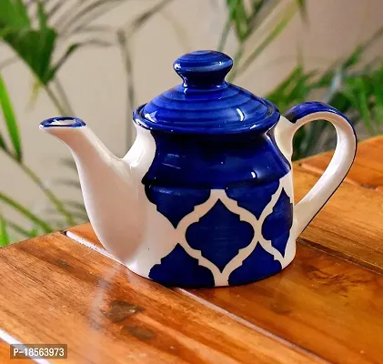 Homefrills Hand Painted Ceramic Tea Kettle Set with 2 Cups(150ml), 1 Kettle(400ml) 1 Tray /ceramic Good Morning Set- Set of 4  colour-Blue,Microwave Safe-thumb2