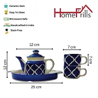 Homefrills Hand Painted Ceramic Tea Kettle Set with 2 Cups(150ml), 1 Kettle(400ml) 1 Tray /ceramic Good Morning Set- Set of 4  colour-Blue,Microwave Safe-thumb3