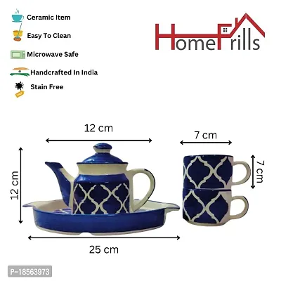 Homefrills Hand Painted Ceramic Tea Kettle Set with 2 Cups(150ml), 1 Kettle(400ml) 1 Tray /ceramic Good Morning Set- Set of 4  colour-Blue,Microwave Safe-thumb4
