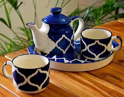 Homefrills Hand Painted Ceramic Tea Kettle Set with 2 Cups(150ml), 1 Kettle(400ml) 1 Tray /ceramic Good Morning Set- Set of 4  colour-Blue,Microwave Safe-thumb2