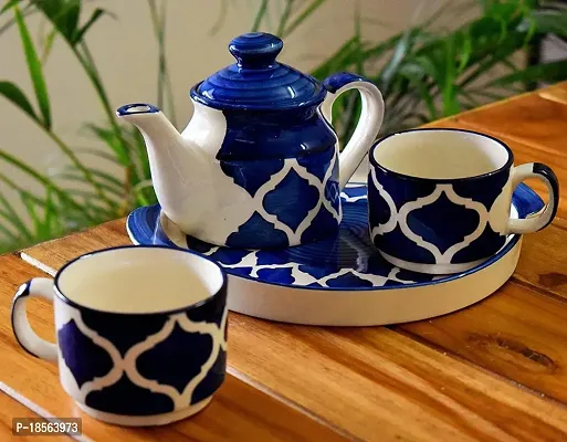 Homefrills Hand Painted Ceramic Tea Kettle Set with 2 Cups(150ml), 1 Kettle(400ml) 1 Tray /ceramic Good Morning Set- Set of 4  colour-Blue,Microwave Safe-thumb3