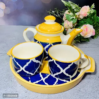 Homefrills Hand Painted Ceramic Tea Kettle Set with 2 Cups(150ml), 1 Kettle(400ml) 1 Tray /ceramic Good Morning Set- Set of 4  colour-Yellow  Blue,Microwave Safe