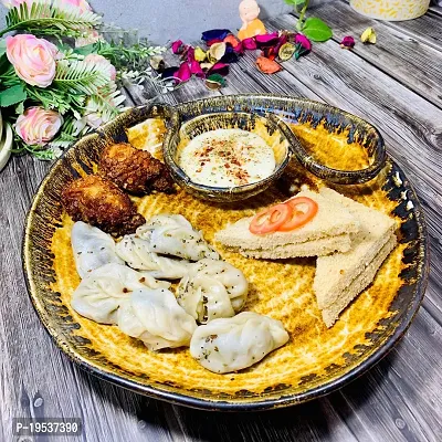 Homefrills  Prmium Yellow  Serving Ceramic Platter/Plate With section, Chip n Dip Platter/plate/Tray for Momos, Fries, Kebabs, Starter  and Snacks etc Microwave Safe. (Set of 1)