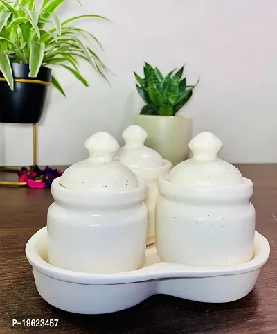 Homefrills Handpainted Multi-Utility Storage Ceramic Jars  Containers with Lid  Tray for Kitchen  Dinning Table Snacks/Chutney/Pickle Serving jar set(3 jars with Lid  1 Tray) Colour-White-thumb0