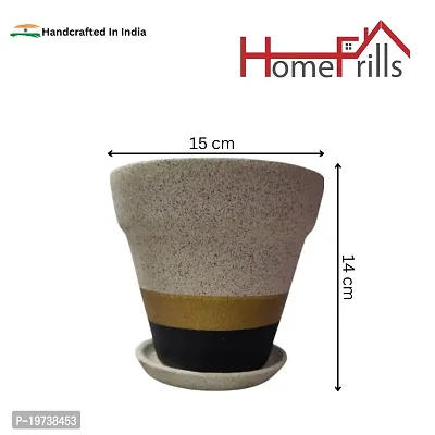 Homefrills Stylish cream colour with black  golden strip Ceramic Planters Pot with bottom tray  for Indoor Plants, Flower Pots, Succulent Pot, Planters for Home Decor, Home Garden  Size-15 * 14 cm-thumb2