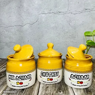 Homefrills Handpainted  Achar/Chutney/Pickle serving Ceramic Jars  Containers with Lid  for Kitchen  Dinning Table , Chutney/Achar/Pickle serving set(3 jars with Lid )Colour-Brown,300 ml-thumb0