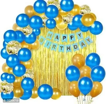 Krido Blue Happy Birthday Decoration Kit Combo - 46pcs Birthday Bunting Golden Foil Curtain Metallic Confetti Balloons for Happy Birthday Decorations Items Set (Set of 46).