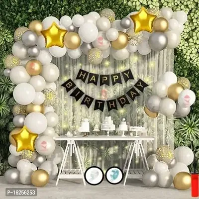 Krido White  Silver Balloon with Banner, ArcGlu, Chrome Balloons | Birthday Decoration Item (Set of 65)