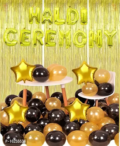 Krido 61 Pc Gold Haldi Ceremony Foil Balloon with Gold StarFoil Curtain Combo| haldi ceremony decorations item for Groom| haldi ceremony decoration balloons(Gold and Black)