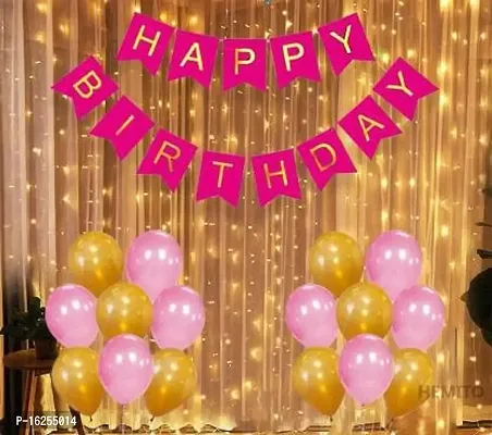 Krido Birthday Decoration Items Kit- 32Pcs Bday Banner Pink Balloon with Led Light for Girls,kids, Husband Girls Boys Bday Decorations Items with String Fairy Lights (Set of 32)