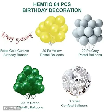 Krido 64 Pc Happy Birthday Decoration Kit Yellow Grey Green Balloon with Birthday Banner, Confetti Balloons |Birthday Decoration item material Rubber (Green Yellow and Grey Combo)-thumb3