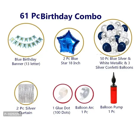 Krido Happy Birthday Decoration Combo 61 Pcs Blue Birthday Banner Silver Curtains with Glue Dot Arc  Silver Confetti Balloons With Balloon Pump for Boys Husband Mom Dad/Happy Birthday Decorations Items Set (Blue Silver)-thumb2