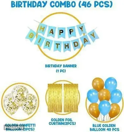 Krido Blue Happy Birthday Decoration Kit Combo - 46pcs Birthday Bunting Golden Foil Curtain Metallic Confetti Balloons for Happy Birthday Decorations Items Set (Set of 46).-thumb2