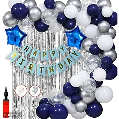 Krido Happy Birthday Decoration Combo 61 Pcs Blue Birthday Banner Silver Curtains with Glue Dot Arc  Silver Confetti Balloons With Balloon Pump for Boys Husband Mom Dad/Happy Birthday Decorations Items Set (Blue Silver)