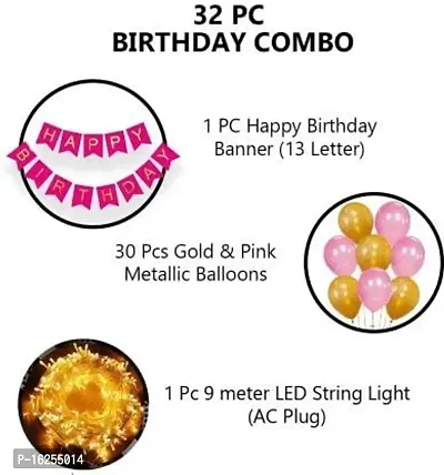 Krido Birthday Decoration Items Kit- 32Pcs Bday Banner Pink Balloon with Led Light for Girls,kids, Husband Girls Boys Bday Decorations Items with String Fairy Lights (Set of 32)-thumb2