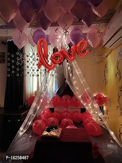 Krido 63 Pc Tent Romantic Decoration Set ? Red Pink Purple Balloons LED Light and Back Drop White Curtains| bedroom decoration items| cocomelon theme Romantic party decorations banner-thumb0