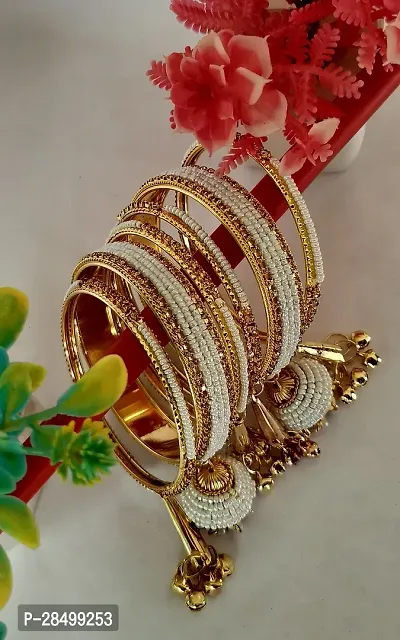 Bollywood  White Pearl Beads with Cubic Zirconia Work Golden Metal Kangan  / Kada/ Bangles Set-thumb0