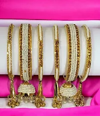 Bollywood  White Pearl Beads with Cubic Zirconia Work Golden Metal Kangan  / Kada/ Bangles Set-thumb4