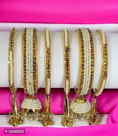 Bollywood  White Pearl Beads with Cubic Zirconia Work Golden Metal Kangan  / Kada/ Bangles Set-thumb5