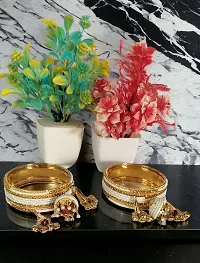 Bollywood  White Pearl Beads with Cubic Zirconia Work Golden Metal Kangan  / Kada/ Bangles Set-thumb2
