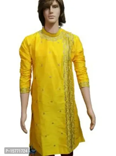 Reliable Yellow Silk Embroidered Ankle Length Kurta For Men-thumb0