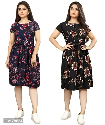 Stylish Multicoloured Crepe Printed Dresses For Women Pack Of 2-thumb0