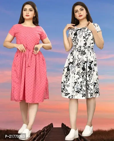 Stylish Multicoloured Crepe Printed Dresses For Women Pack Of 2-thumb0