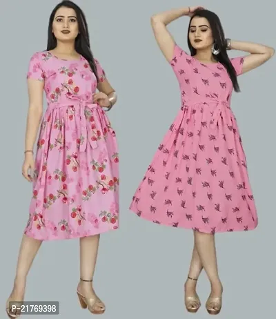 Stylish Multicoloured Crepe Printed Dresses Women Pack Of 2-thumb0