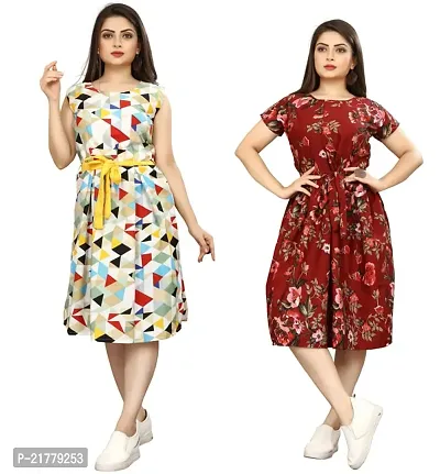 Stylish Multicoloured Crepe Printed Dresses For Women Pack Of 2