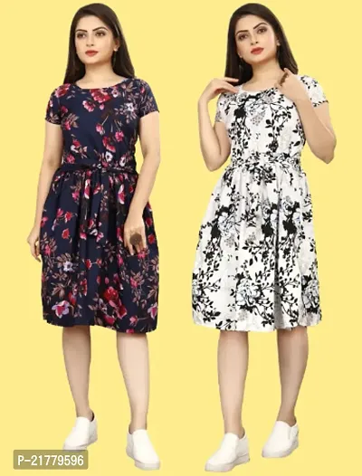 Stylish Multicoloured Crepe Printed Dresses For Women Pack Of 2