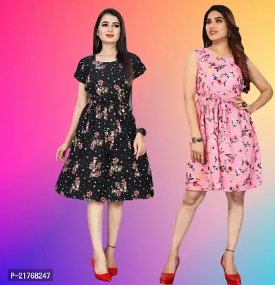 Stylish Multicoloured Crepe Printed Dresses Women Pack Of 2