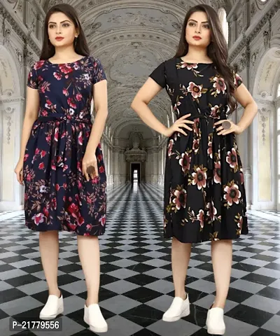 Stylish Multicoloured Crepe Printed Dresses For Women Pack Of 2