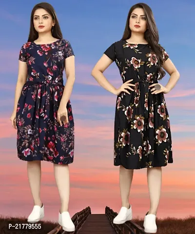 Stylish Multicoloured Crepe Printed Dresses For Women Pack Of 2