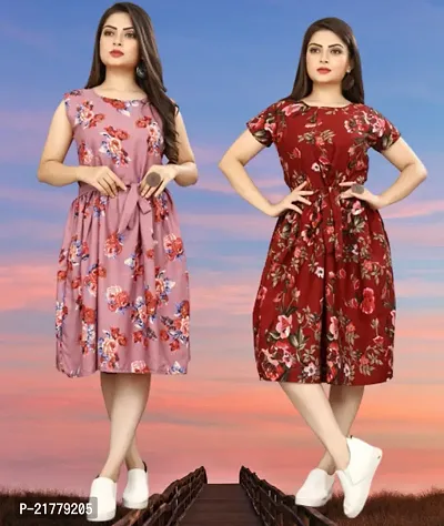 Stylish Multicoloured Crepe Printed Dresses For Women Pack Of 2