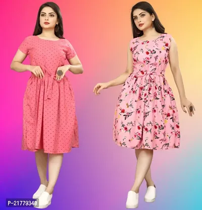 Stylish Multicoloured Crepe Printed Dresses For Women Pack Of 2