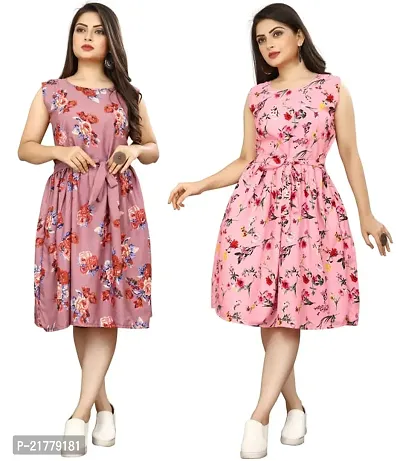 Stylish Multicoloured Crepe Printed Dresses For Women Pack Of 2