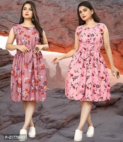 Stylish Multicoloured Crepe Printed Dresses For Women Pack Of 2