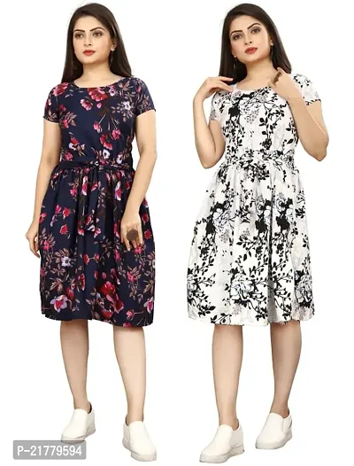 Stylish Multicoloured Crepe Printed Dresses For Women Pack Of 2-thumb0