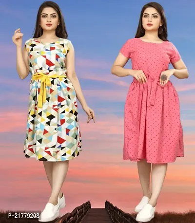 Stylish Multicoloured Crepe Printed Dresses For Women Pack Of 2-thumb0