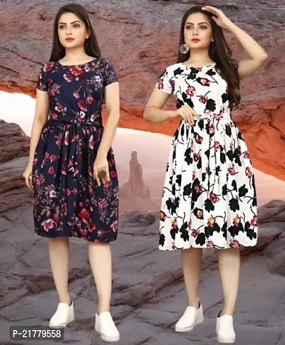 Stylish Multicoloured Crepe Printed Dresses For Women Pack Of 2