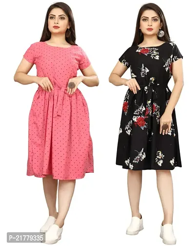 Stylish Multicoloured Crepe Printed Dresses For Women Pack Of 2-thumb0