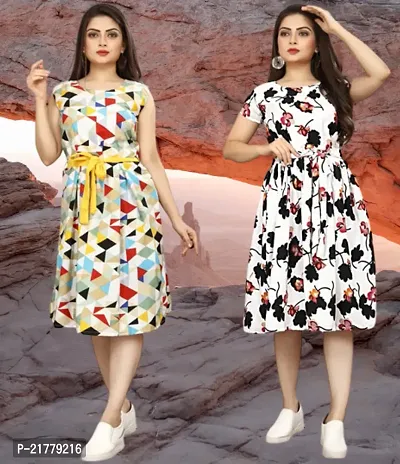 Stylish Multicoloured Crepe Printed Dresses For Women Pack Of 2