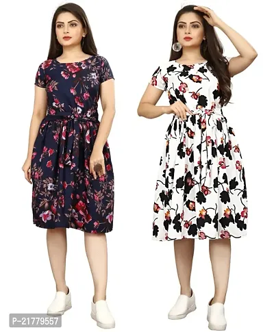 Stylish Multicoloured Crepe Printed Dresses For Women Pack Of 2