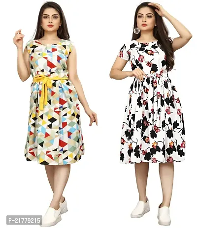 Stylish Multicoloured Crepe Printed Dresses For Women Pack Of 2